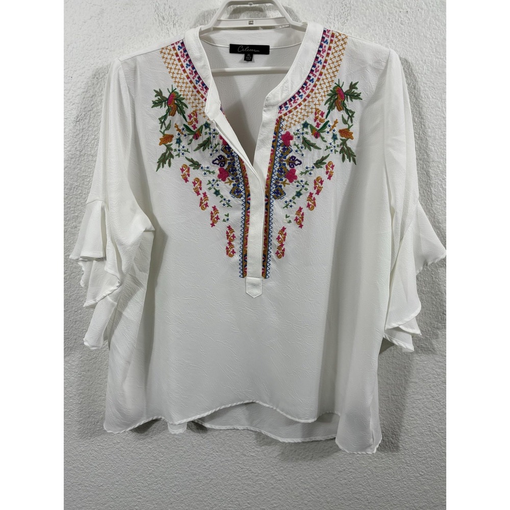 Calessa Shirt Womens XL White Embroidered Boho‎ Peasant 3/4 Sleeve Top Blouse